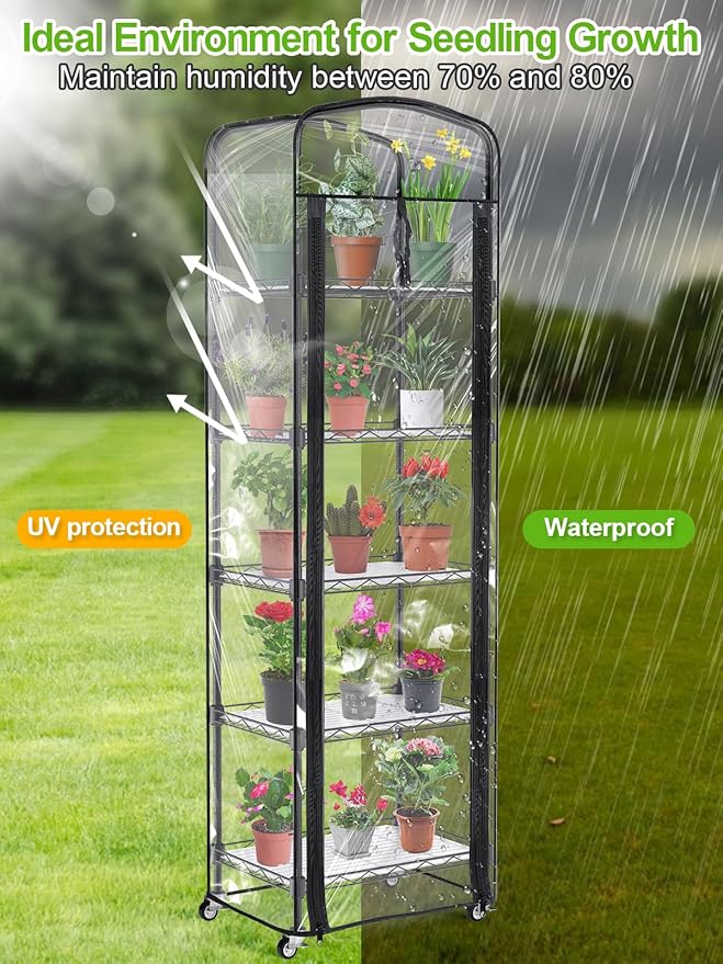 5-Tier Mini Greenhouse with Caster Wheels, Each Shelf Height Adjustable Metal Plant Shelf with PVC Cover for Seed Starting Trays, Seedling Pots, Plant Pots, 11x16x57inch