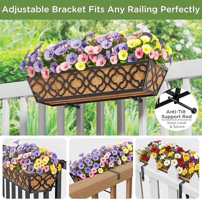 Y&M 6Pcs 24 Inch Railing Planter with Coconut Coir Liner, Window Deck with Horse Trough Coco Liner, Metal Hanging Flower Balcony Planter for Outdoor Garden Fence Lawn