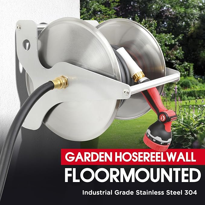 Stainless Steel Garden Hose Reel, Wall/Floor Mounted, Retractable with Crank, 135 Ft Capacity