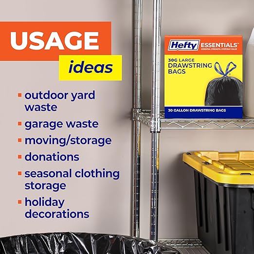 Hefty Essentials Extra Large 39 Gallon Trash Bags, 40 Count, Extra Large Trash Bags for Landscaping, Yard Waste, Basement Cleanouts, Home Remodeling, and More, Scent Free, Black