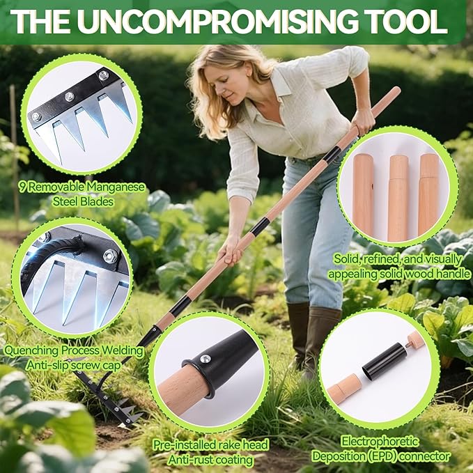 Gardenia Iron Weeding Rake with Handle 3.0, Heavy Duty Iron Rake for Gardening and Weeding, 2026 Upgraded 9-Tine Garden Weed Puller Tool, Garden Weed Rake Tool for Removing Weeds, Soil Aeration