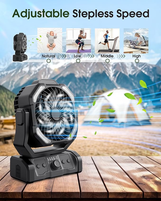 ONLYNEW Portable Camping Fan Rechargeable 20000mAh Battery Operated Oscillating Fan USB C Battery Powered with LED Lantern, Head Rotation,Timer, Remote Auto, Hook for Tents Travel Outdoor Beach