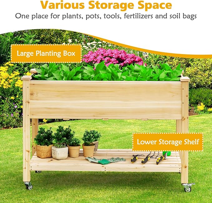 Giantex Raised Garden Bed on Wheels, Wood Planter Box with Legs, Liner, Drain Holes, Elevated Garden Bed for Vegetables, Standing Garden Container for Backyard, Patio, 47.5" LX 23.5" WX 33" H