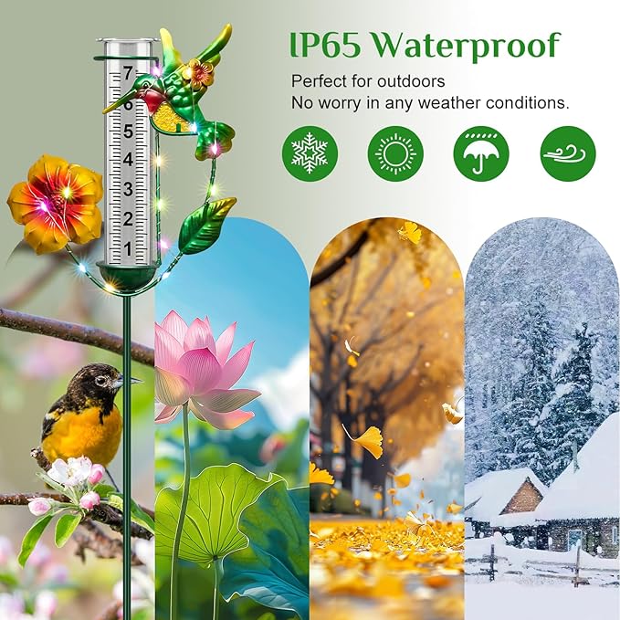 shumi Rain Gauge Outdoor - Solar Hummingbird Rain Gauges with LED Solar Lights, Freeze Proof Adjustable Height, Metal Water Gauge for Yard Garden Decor, Gardening Gifts for Women