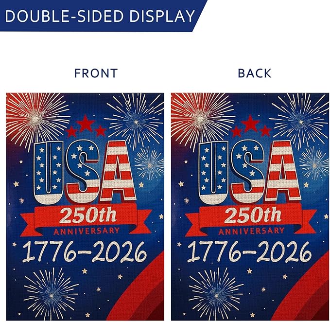 250 Anniversary Usa Garden Flags for Outside, 250 Anniversary USA Flag with Fireworks Design, 1776-2026 Patriotic 4th of July Decorations Yard Sign Double-Sided Waterproof House Flag 28x40 Inch 250 Year American Flag