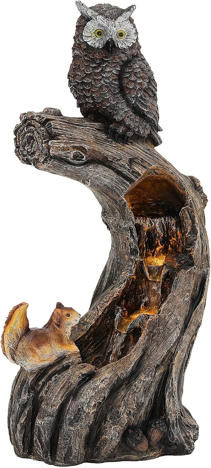32" H Resin Owl Tree Trunk Fountain Outdoor, Forest Style 4-Tiers Water Feature Outdoor with Lights, Soothing Cascading Waterfall for Patio, Backyard, Garden or Porch