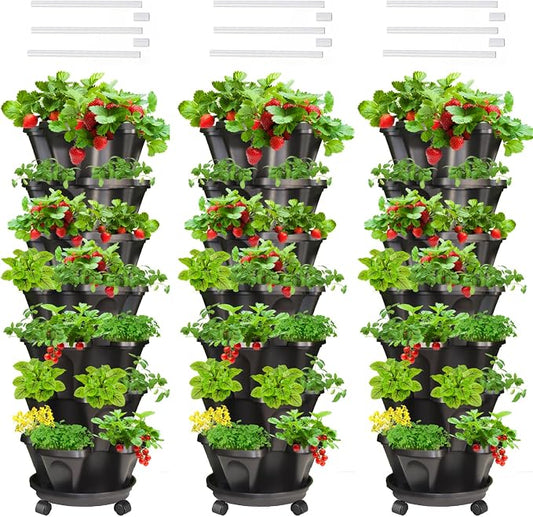 Strawberry Vertical Planters Tower Garden 3 Pack, 7 Tiered Stacking Herb Vegetable Planter with Support Pole Indoor and Outdoor - Black