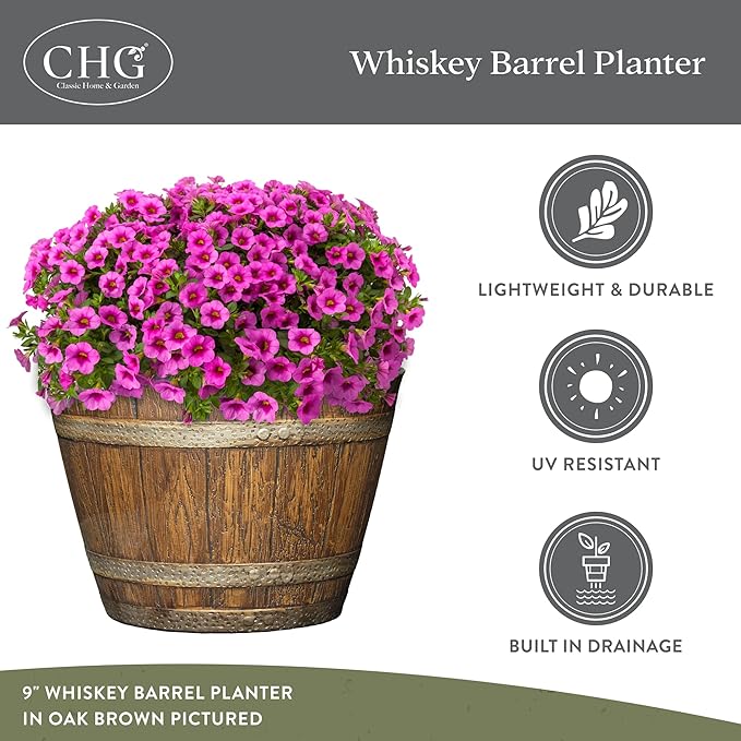 Classic Home & Garden by Growscape Whiskey Barrel Planters, Wood Finish Flower Planter Pot, Stylish Indoor & Outdoor Resin Garden Pots, Weather-Resistant Planting Pot (20.5" Kentucky Walnut, 1- Pack)