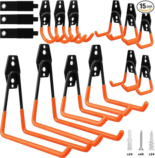 15-Piece Garage Wall Hooks with 3 Extension Straps, Orange Heavy Duty Tool Storage Rack for Ladder, Bike, Shovel, Garden Tools, Metal Wall Mount Organizer Set