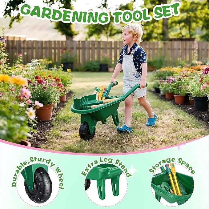 Kids Gardening Tools Set with Wheelbarrow, Wooden & Metal Outdoor Gardening Toys for Summer Outdoor Yard Digging & Weeding, Easter Birthday Gifts for Boys Girls Age 3+ Years (Green)