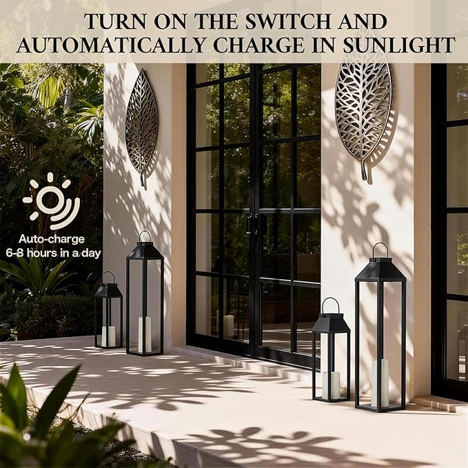 Large Outdoor Solar Lanterns Waterproof, Tall Farmhouse Black Metal Decorative Lanterns Solar Lights Outdoor for Front Porch Decor Outdoor Patio, Garden, Balcony, Porch, 27.6",16.3"-Set of 2