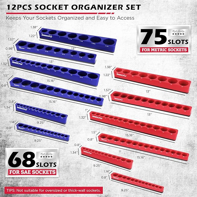 SEDY 12-Piece 1/4" 3/8" 1/2"-Drive SAE & Metric Magnetic Socket Organizer Set (Holds 143 Sockets) -Detachable Tool Tray with 5mm Magnetic Base for Garage/Home(Sockets Not Included)
