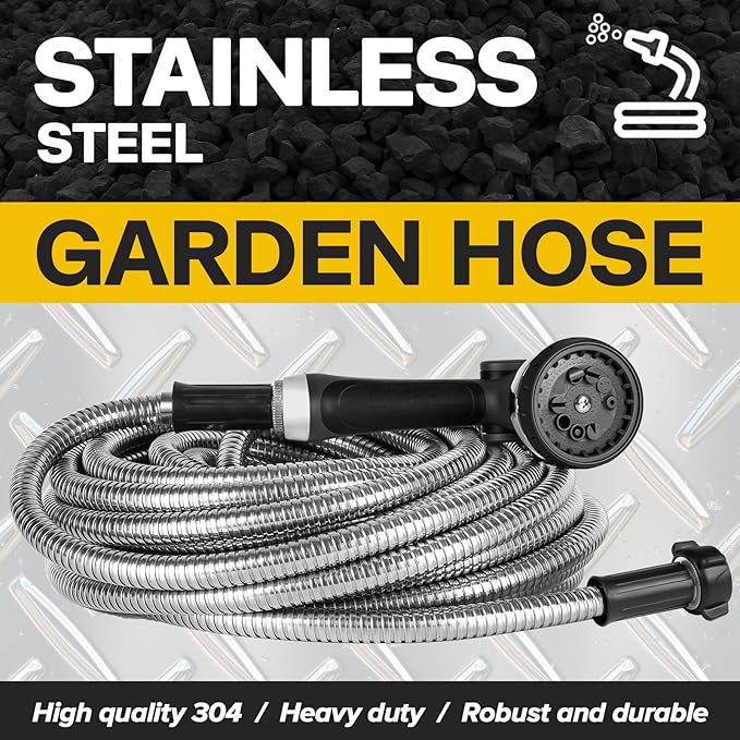 Metal Garden Hose 50ft Heavy Duty Stainless Steel Water Hose with Sprayer & Metal Fittings Flexible Lightweight Hose Puncture Proof Hose for Yard, Outdoors, Rv