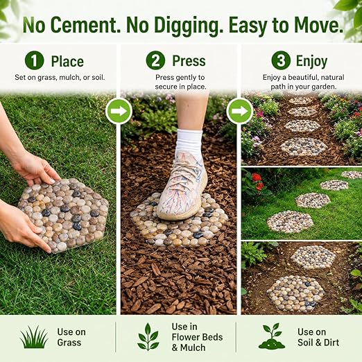 Stepping Stones Outdoor, Natural River Rock Garden Pavers, Set of 6 Round Pebble Stones for Walkway, Yard, Lawn, Patio, Pathway & Landscaping Decor (Hexagon)