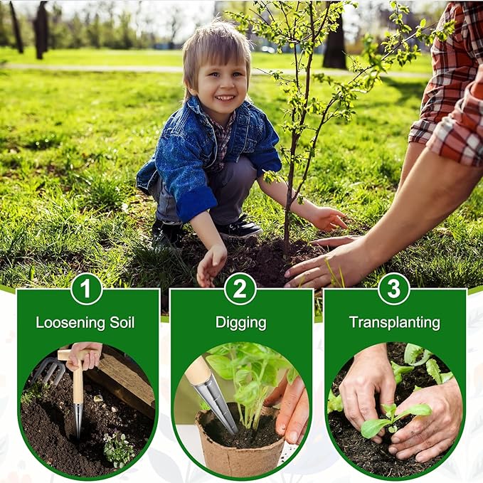 M METERXITY 2-Pack Seed Planter Tool, Chrome Plated Wooden Hand Dibber Garden Tool with Handle for Sowing Seeds/Transplanting/Planting Bulbs, Handheld Digging Hole Punch [Beige, Silver Tip]