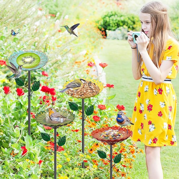 4PCS Flower Bird Baths for Outside, 5.9" Metal Hummingbird Bath with Adjustable Stake, Colorful Garden Birdbath Decor Set for Outdoors Yard Lawn Patio(4PCS Sunflower)