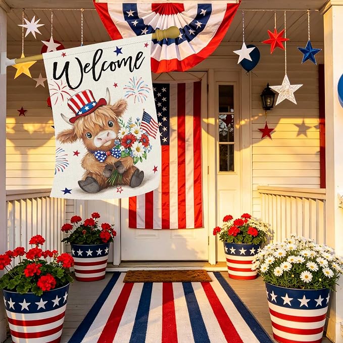 Heyfibro Welcome 4th of July Patriotic Garden Flag 28x40 Double Sided Burlap, Highland Cow with American Flag & Fireworks Yard Banner for Rustic Daisy Independence Day Outdoor Decor