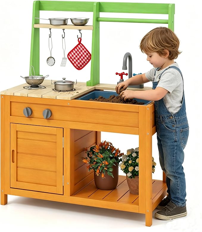 HONEY JOY Mud Kitchen, Fir Wood Outdoor Play Kitchen for Toddlers, Stove, Faucet, Sink, Cookware Accessories, Storage Cabinet, Mud Table Playset for Kids Backyard, Gift for Boys Girls, Natural