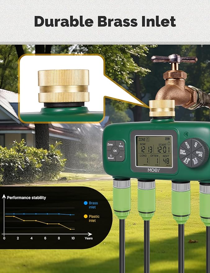 MOES 4 Outlet Sprinkler Timer, Brass Inlet, Programmable Automatic Irrigation Controller, Rain Delay, Manual Watering, 4 Zone Water Hose Timer for Gardens, Lawns, Hose Systems