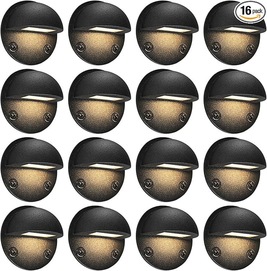 GKOLED 16-Pack Low Voltage LED Deck Light Fixture, Mini Size Eyelid Step Lights with 0.8W 3000K Integrated LED Chips, IP65+ Waterproof for Outdoor, Die-cast Aluminum with Powder Coated Finish
