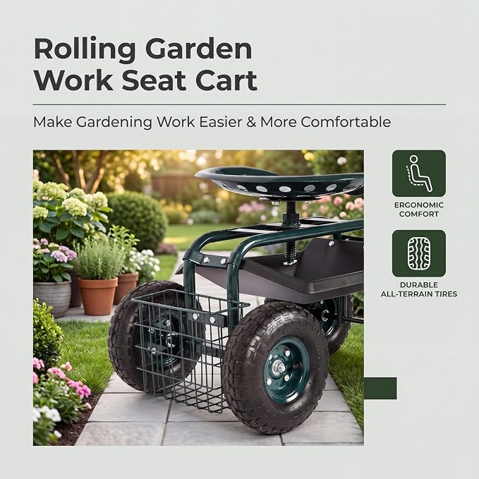 KINTNESS Rolling Garden Stool Cart Work Seat Heavy Duty Wagon Scooter with Extendable Steer Handle Swivel Seat & Utility Basket …