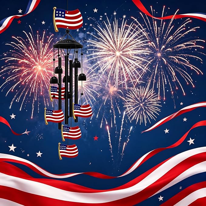 American Flag Patriotic Wind Chime, Red White Blue Aluminum Tube Wind Chimes Waterproof Hanging Ornament for Front Porch Garden Yard, 4th of July Independence Day Memorial Day Veterans Day Gift