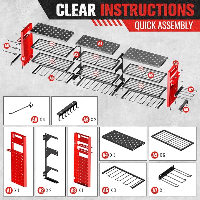 49.8" W Large Power Tool Organizer Wall Mount, Heavy Duty Tool Organizer with 14 cordless Drill Holder, 4 Layers Garage Organization and Storage Rack, Tool Rack for Garage Workshop, Red