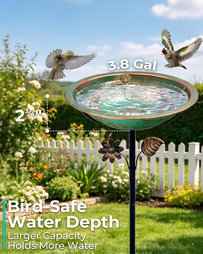 Metal Bird Bath for Outside, 13" Diameter Bird Bath with Removable Bowl, Heavy Duty 5-Prong Stake Base, Freestanding Outdoor Birdbath for Garden Patio Yard (Verdigris Butterfly & Sunflower)