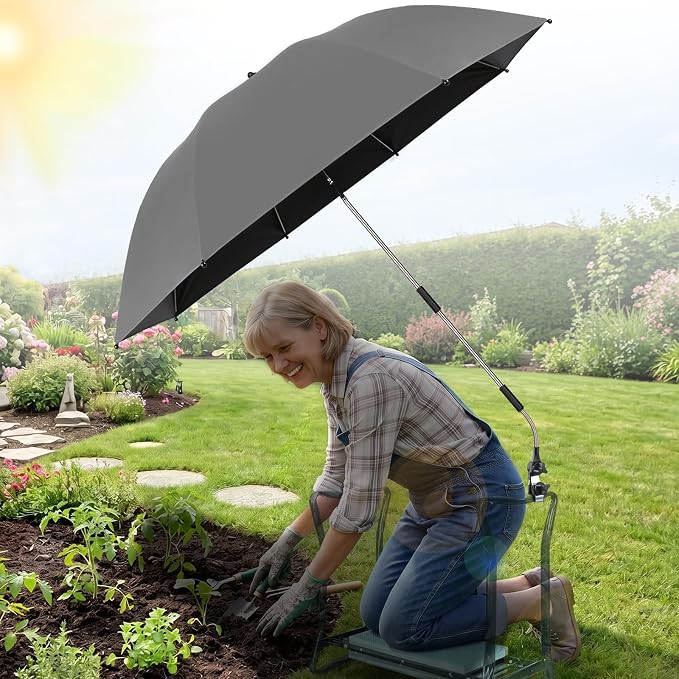 Garden Kneeler Umbrella,42” Large Chair Umbrella with Universal Clamp, 360°Swivel and UPF 50+ Protection,Folding Clip on Umbrellas for Garden Seat Bench Beach Chairs Strollers Golf Carts, NO KNEELER