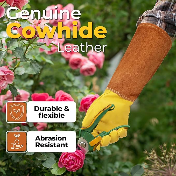 HANDLANDY Long Gardening Gloves for Men & Women, Cowhide Leather Rose Pruning Gloves, Breathable Thorn Proof Gauntlet Glove (Rust Brown, M)