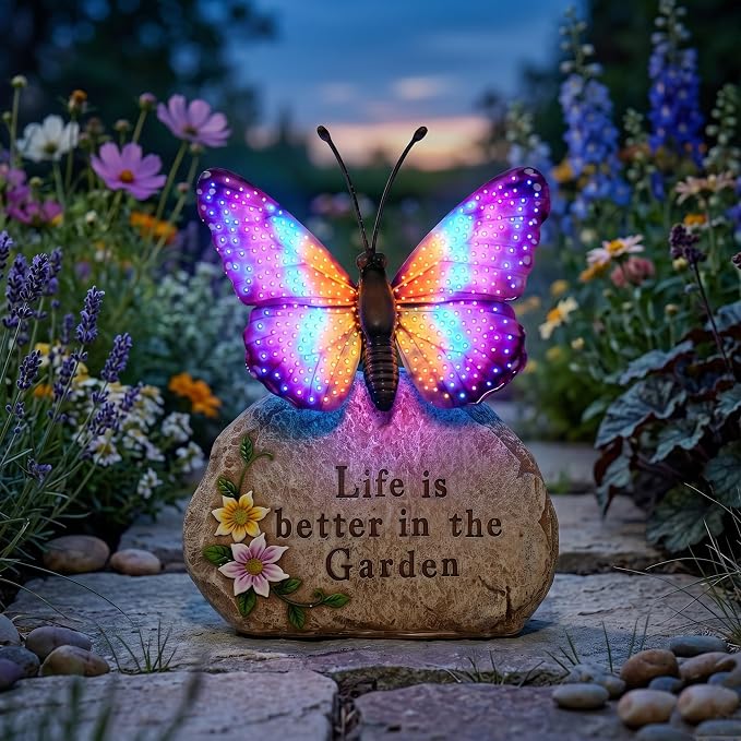 Solar LED Butterfly Garden Statue with Sparkling Light-Up Wings - Outdoor Yard Patio Decor Figurine, for Women Mom Grandma(Purple)