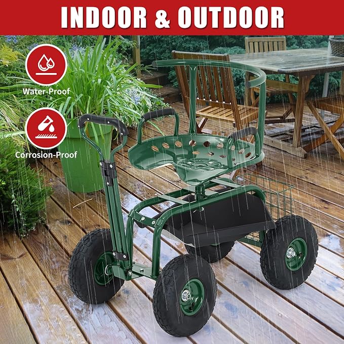 Rolling Garden Work Seat with Wheels, 300lbs Heavy Duty Garden Cart, 360° Swivel Adjustable Height Rolling Stool, Extendable Handle, Storage Basket & Tray for Gardening, Lawn Care, Adults & Seniors