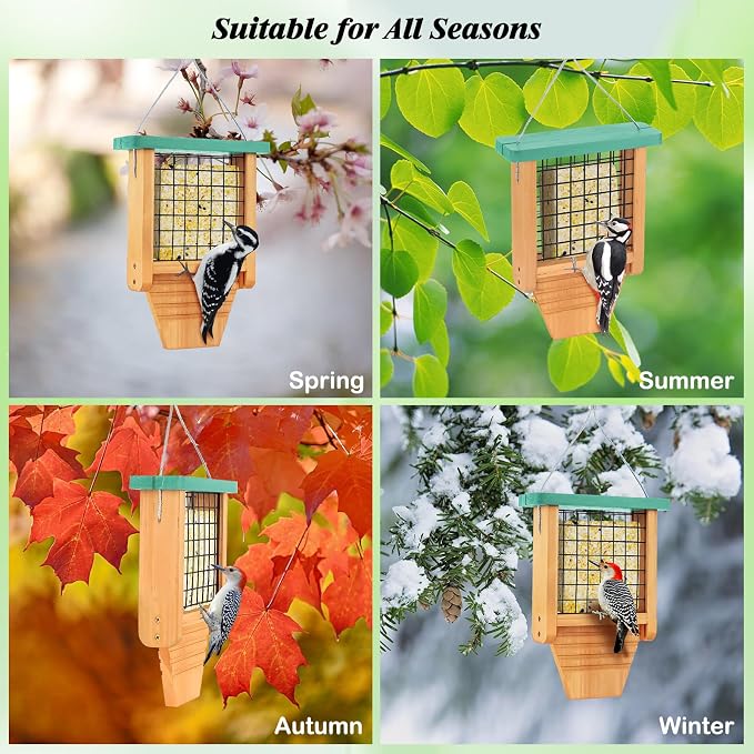 Gbekery Wooden Suet Bird Feeder for Outside Hanging, Woodpecker Suet Feeder with Tail Prop, Hanging Bird Feeder for Wild Birds, 1 Pack, Green