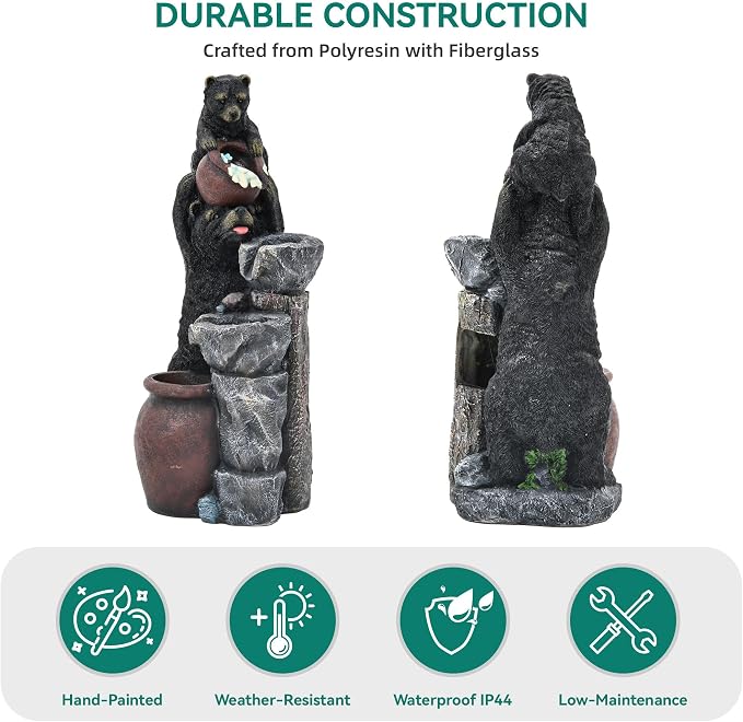 37.5" H Resin Playful Twin Bear Fountain Outdoor, Whimsical Multi-Tiered Stone Vessel Water Feature Outdoor with Lights, Soothing Cascading Waterfall for Patio, Backyard, Garden or Porch