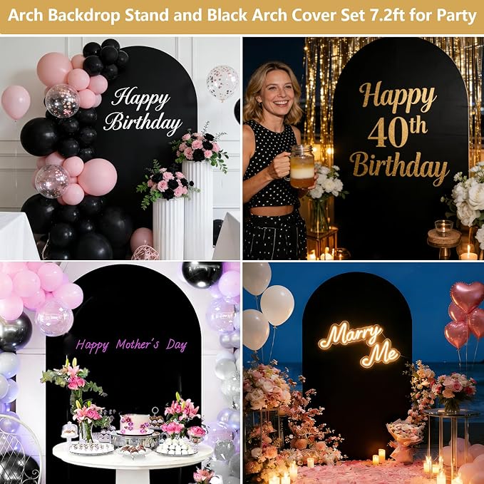Metal Arch Backdrop Stand and Cover Set, 7.2FT Gold Wedding Backdrop Arch Frame Stand with Cover, Balloon Arch Stand with Black Arch Cover for Party Birthday Baby Shower Graduation Decorations