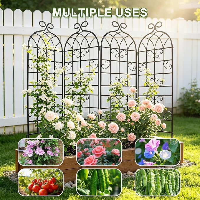YOBAZAN 4 Pack 72x20in Rustic Iron Arch Decoration Garden Trellis with Black Metal Coating – Perfect for Supporting Climbing Plants Outdoor, Roses, Vines, Flowers, and Vegetables.