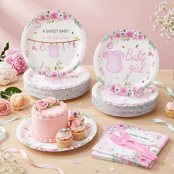96 Pcs Wildflower Party Decorations Plates and Napkins Forks Floral Pink Disposable Paper Tableware Set for Birthday Flower Gender Reveal Spring Garden Party Supplies for 24 Adult Guests