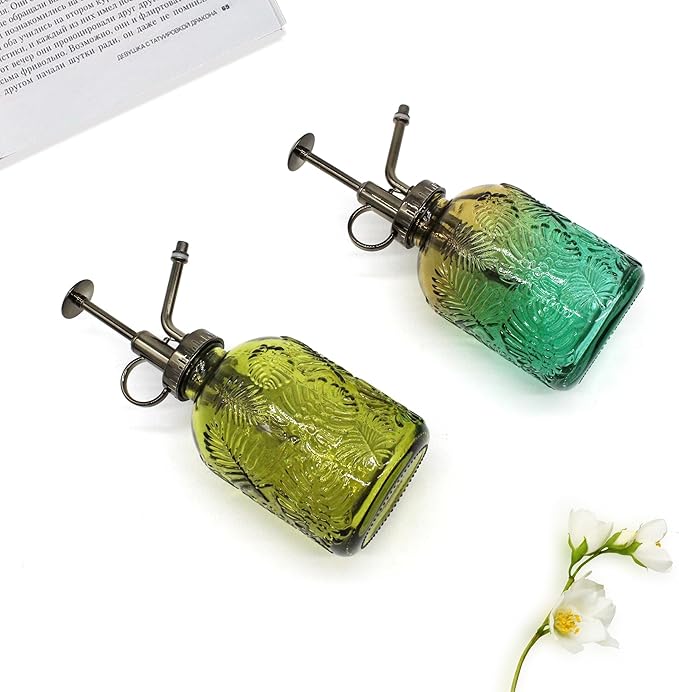 Glass Plant Mister Spray Bottle, 350ML Vintage Plant Spritzer, Succulent Watering Bottle Glass with Top Pump, Small Plants Sprayer Watering Can for Indoor (Yellow Green)