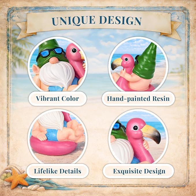 TISEJOY Garden Gnomes Outdoor Statues, Funny Flamingo Decor Gnomes Decor for Yard Patio Garden, Summer Gnomes Sculptures for Home Desk Table Pool Backyard, Garden Gifts for Mom, Friends