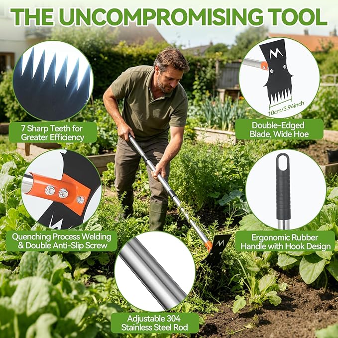 Weed Puller Tool with Long Handle, 60" Stand Up Manual Weed Remover Tool, 7-Tine Heavy Duty 2-in-1 Weed Rake&Garden Hoe for Gardening, Uprooting Weeding Pull Tool for Yard Lawn Patio Garden Flower Bed