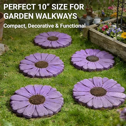Heavy Duty Concrete Stepping Stone 10 Inch Daisy Design, Non Slip Garden Pathway Stone for Outdoor Walkway Yard Patio Lawn (Purple)