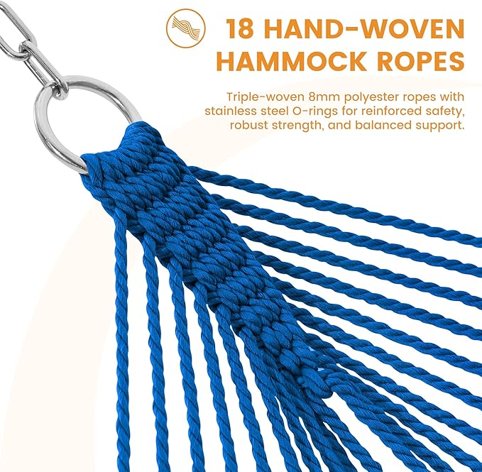 Lazy Daze Hammocks 10.5 FT Double 2 Person Caribbean Rope Hammock, Hand Woven Polyester Hammock with Spreader Bars, for Outside Outdoor Backyard Patio Poolside, 450 LBS Capacity, Blue/Green