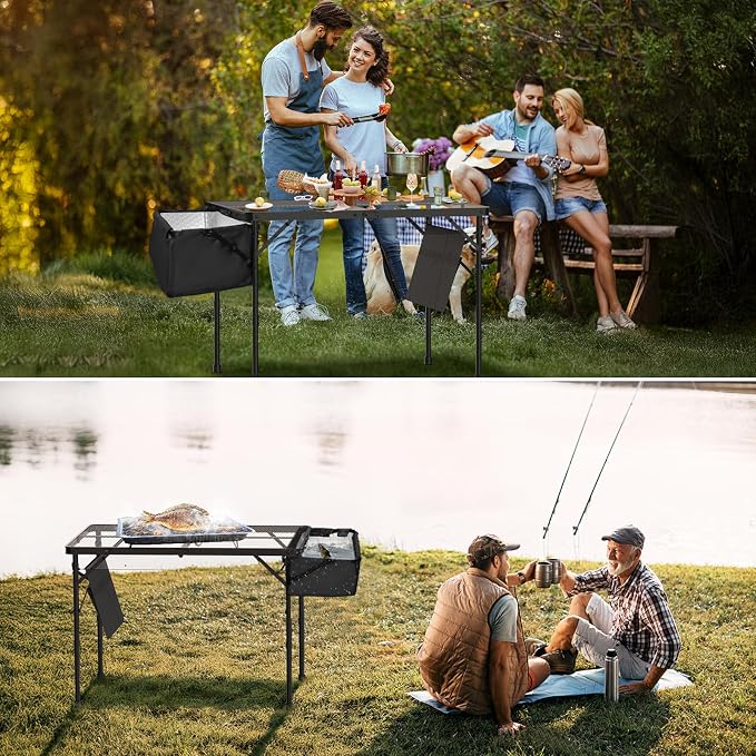 WildFinder Portable Folding Grill Table with Sink for Outdoor, Lightweight Aluminum Frame Folding Grill Stand Picnic Table Camping Cooking BBQ, RV Picnic,2 Heights Adjustable(Black)