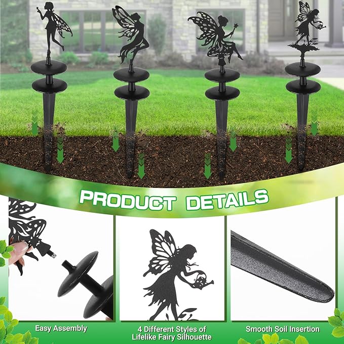 Zonon 4 Packs Metal Garden Hose Guide Stakes 13.8 Inch Heavy Duty Cast Iron Hose Holder Spike with Decorative Flower Fairy Rust Resistant Guides for Garden Lawn Yard Farm Outside Plant Protection