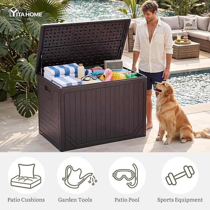 YITAHOME 230 Gallon Extra Large Outdoor Storage Box, Waterproof Double-WallDeck Box with Hydraulic Piston for Garden Tools, Pool Accessories & Cushions, Resin Deck Organizer with Bench Seat(Brown)