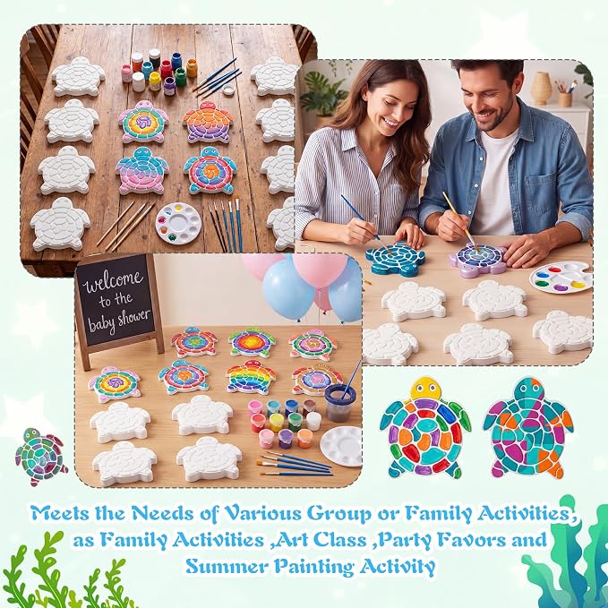 Lewtemi 8 Pcs Paint Your Own Stepping Stones for Craft, DIY Plaster Stepping Stones Garden Decor Painting Art Set for Art Class, Summer Activities & Home Decor (Turtle)