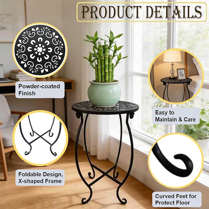 Outdoor Side Tables, 10" Round 15" Tall Patio Side Table, Set of 1 Metal Small Round Side Table for Patio Yard Porch Balcony Garden Bedside, Plant Stand for Indoor Outdoor