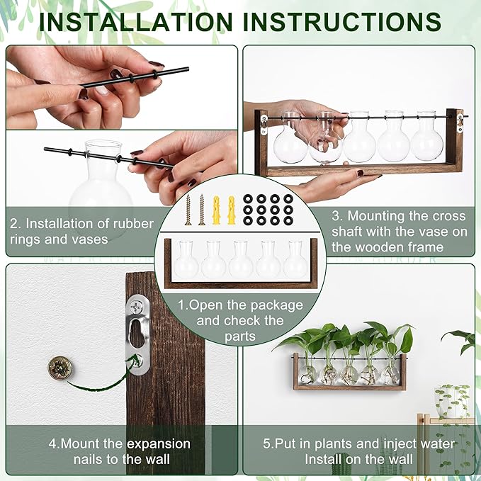 YIBOT Wall Hanging Glass Planter Plant Propagation Vase-5 Bulb Glass Vases | Plant Terrarium with Wooden Stand,Indoor Home Office Living Room Decor Gifts