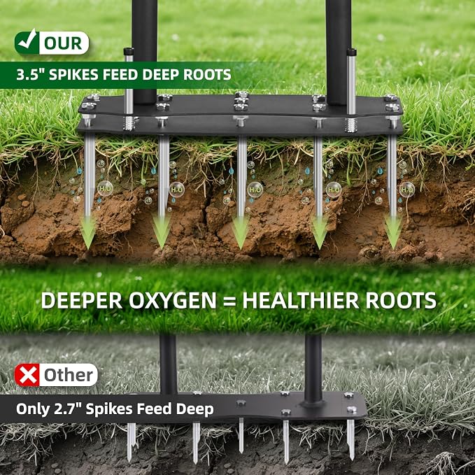 11-Spike Lawn Aerator, Heavy Duty Steel Manual Aeration Tool for Yard | Anti-Clog Design, 12.2”x6” Wide Pre-Assembled Base, Heavy Duty Steel Lawn Aeration Tool for Yard Lawn Soil Aeration