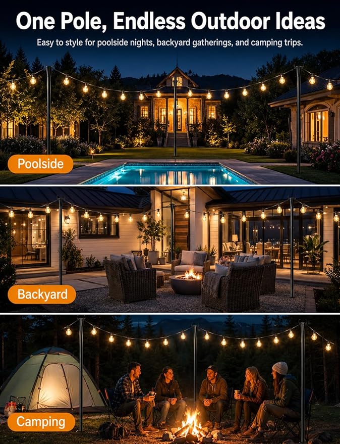 4 Pack String Light Poles for Outside, Thickened Metal Christmas Lights Hanger Pole Outdoor with Fork, Lighting Hanging Post Accessories for Patio Decor Garden Backyard Yard Outside Decorations